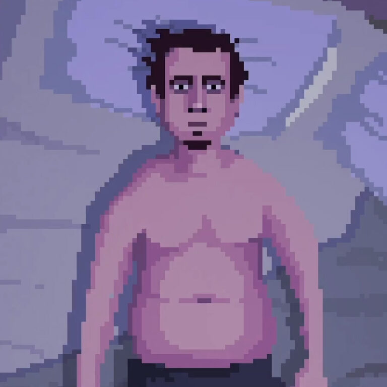 Man laying shirtless on the bed looking depressed