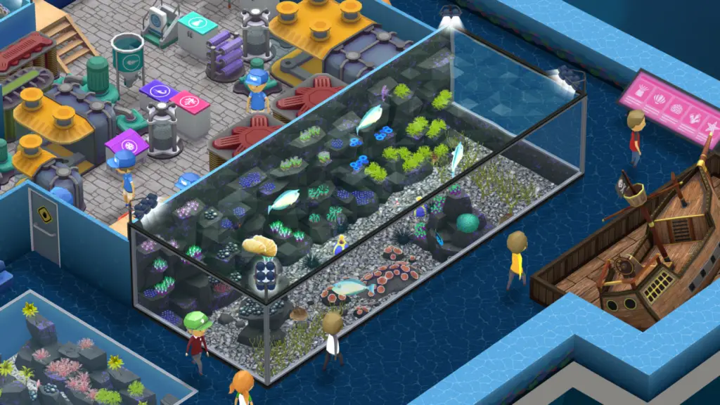 An isometric view of a large vista tank in Megaquarium with visitors viewing blue and white fish.