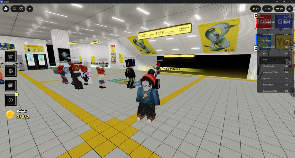 A first-person view of the sterile white-tiled lobby in The Exit 8 Roblox game