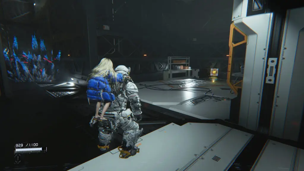 Pragmata blue crystals: A player looking at a blue crystal blocking a path to their left.