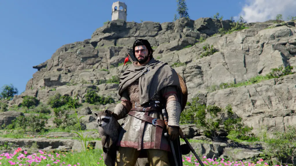 Kliff standing by a cliff holding a raccoon in Crimson Desert