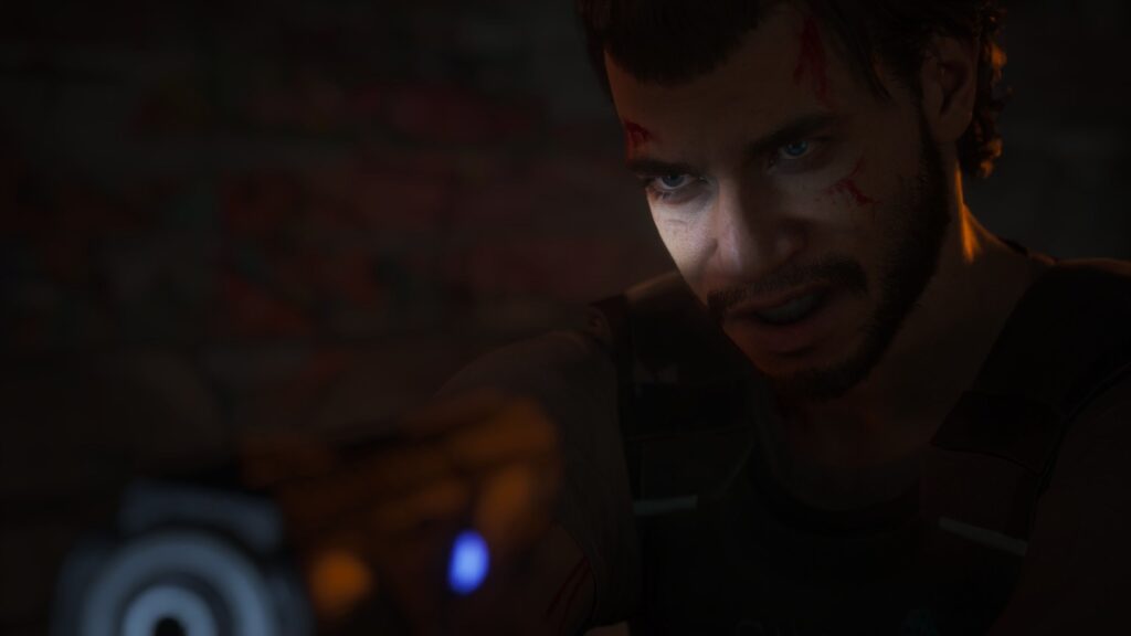 Jacob Diaz aiming a futuristic pistol