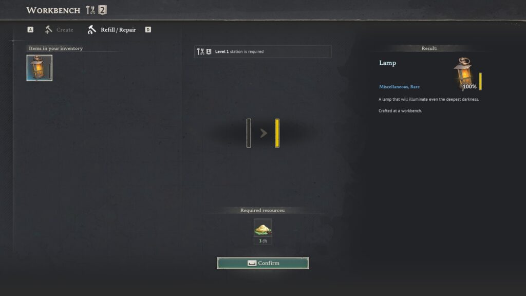 A screenshot of an empty lantern in the Windrose crafting menu