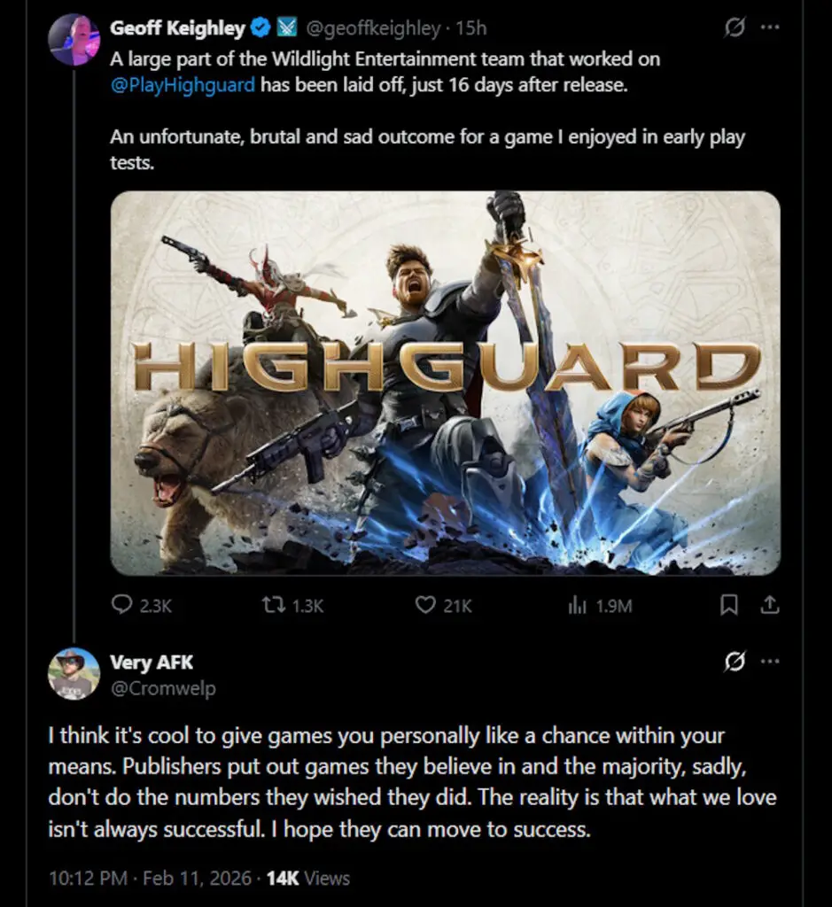 Geoff Keighley's public statement regarding the Wildlight Entertainment layoffs.