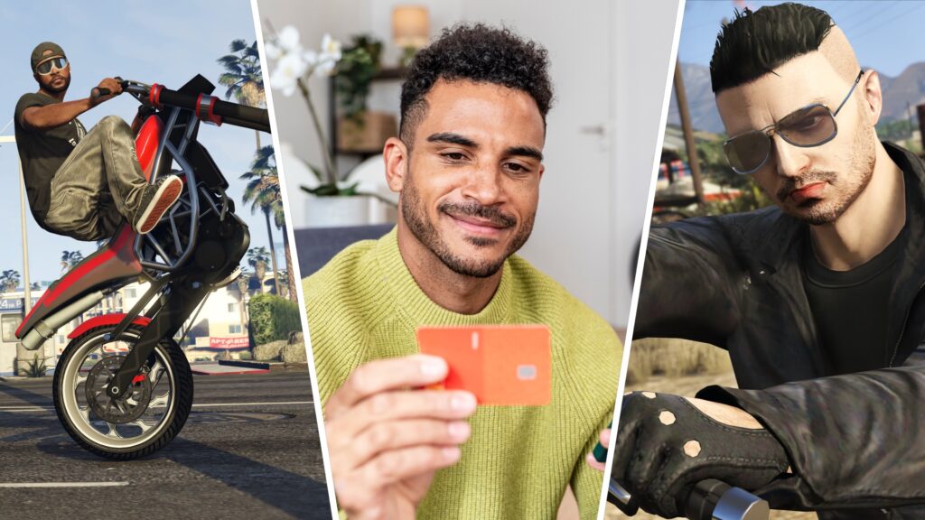 A three-way split image showing GTA action on the left and right, with a man smiling at a credit card in the middle