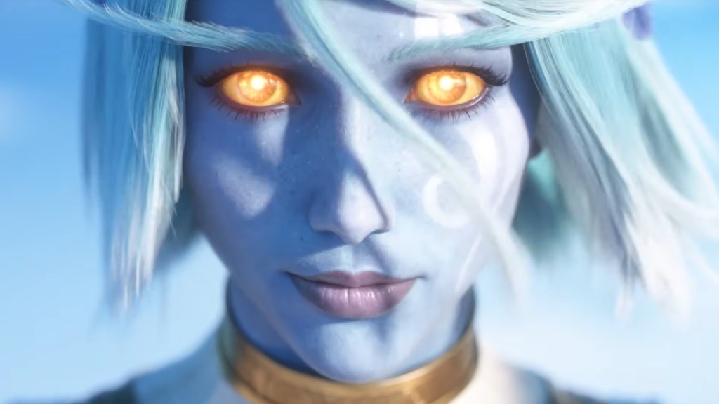 WoW Forever trailer image of blue elf lady with gold eyes