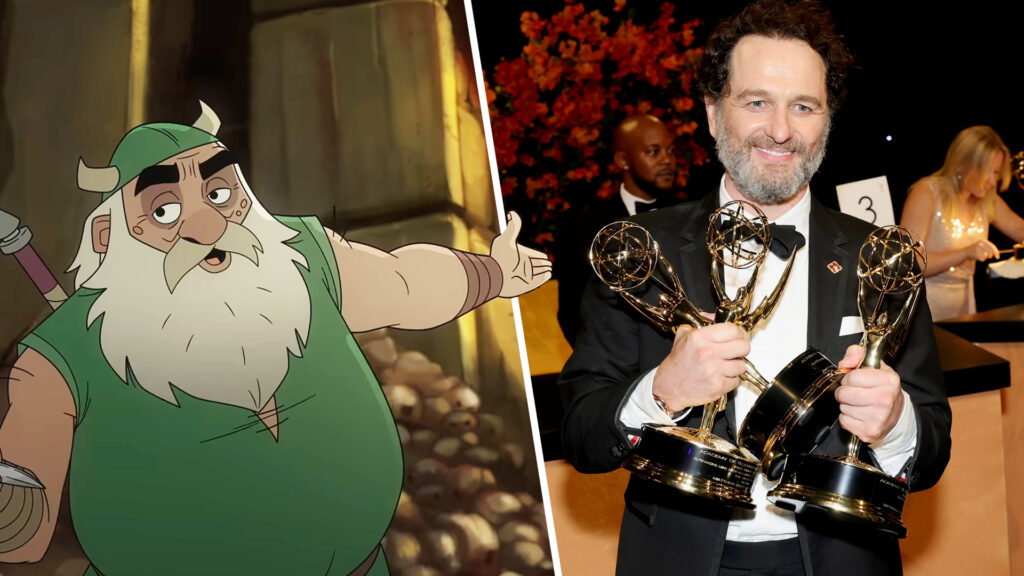Matthew Rhys holding three Emmy Awards next to a cartoon dwarf character