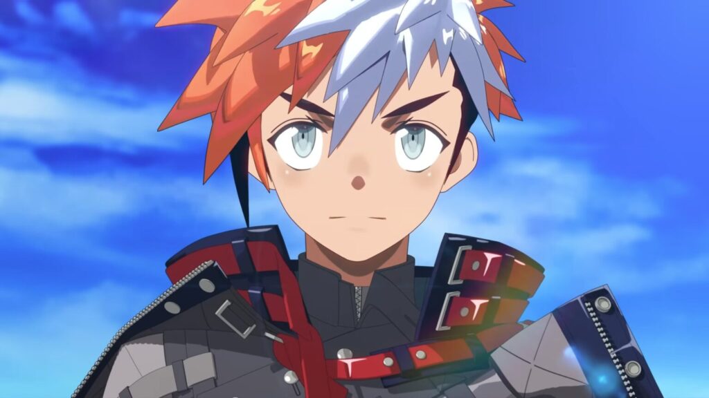 An anime-style character with spiky white and orange hair from Armed Fantasia JRPG