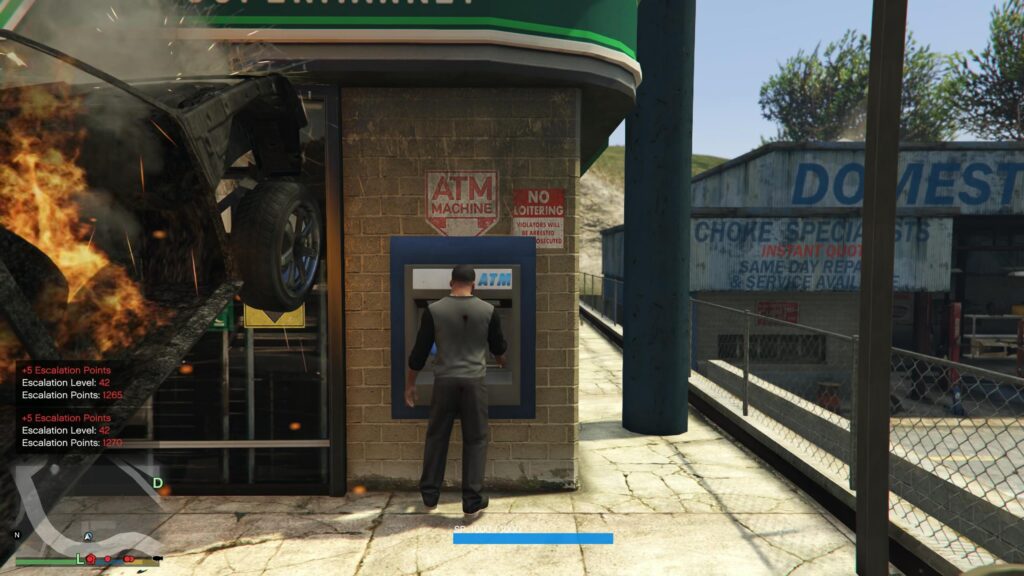 Franklin standing in a bank while Los Santos chaos unfolds nearby