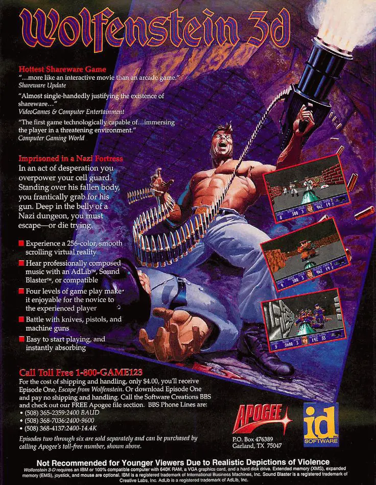 Vintage Wolfenstein 3D advertisement highlighting the shareware model